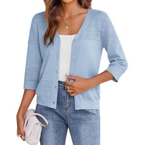 imageZeagoo Womens 34 Sleeve Cropped Cardigan 2025 Summer Lightweight Crochet Shrug Button Down Knit Sweater CardigansLight Blue