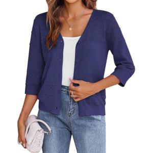 imageZeagoo Womens 34 Sleeve Cropped Cardigan 2025 Summer Lightweight Crochet Shrug Button Down Knit Sweater CardigansNavy Blue