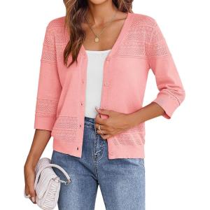 imageZeagoo Womens 34 Sleeve Cropped Cardigan 2025 Summer Lightweight Crochet Shrug Button Down Knit Sweater CardigansPink
