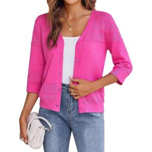 imageZeagoo Womens 34 Sleeve Cropped Cardigan 2025 Summer Lightweight Crochet Shrug Button Down Knit Sweater CardigansRose Red