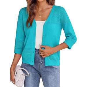 imageZeagoo Womens 34 Sleeve Cropped Cardigan 2025 Summer Lightweight Crochet Shrug Button Down Knit Sweater CardigansTeal