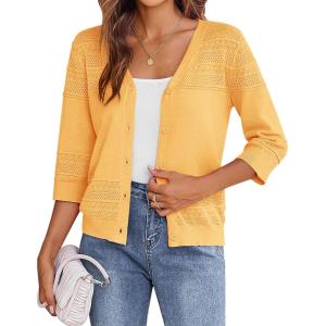 imageZeagoo Womens 34 Sleeve Cropped Cardigan 2025 Summer Lightweight Crochet Shrug Button Down Knit Sweater CardigansYellow