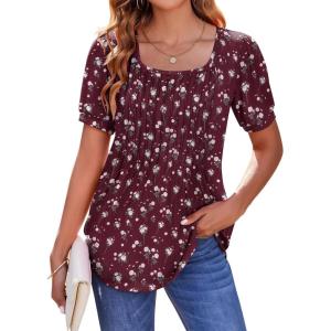 imageZeagoo Womens Summer Tops Casual Puff Short Sleeve T Shirts FloralSolid Pleated Tunics Square Neck Work BlouseFloral Wine Red