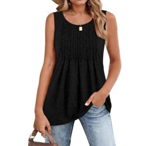imageZeagoo Womens Summer Tank Tops 2025 Pleated Crew Neck Floral Solid Loose Fit Casual Sleeveless Flowy Boho Tunic ShirtsBlack