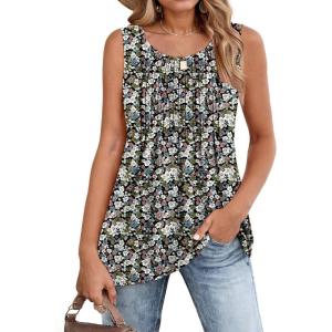 imageZeagoo Womens Summer Tank Tops 2025 Pleated Crew Neck Floral Solid Loose Fit Casual Sleeveless Flowy Boho Tunic ShirtsFloral Black