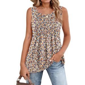 imageZeagoo Womens Summer Tank Tops 2025 Pleated Crew Neck Floral Solid Loose Fit Casual Sleeveless Flowy Boho Tunic ShirtsFloral Pink