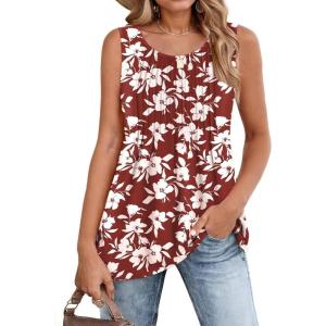 imageZeagoo Womens Summer Tank Tops 2025 Pleated Crew Neck Floral Solid Loose Fit Casual Sleeveless Flowy Boho Tunic ShirtsRed White Flower