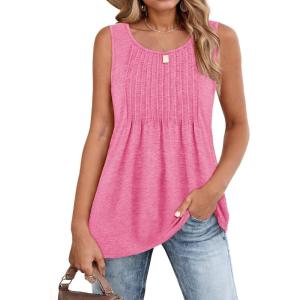 imageZeagoo Womens Summer Tank Tops 2025 Pleated Crew Neck Floral Solid Loose Fit Casual Sleeveless Flowy Boho Tunic ShirtsRose Red