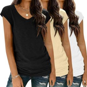 imageZeagoo Womens Tops Cap Sleeve T Shirts V Neck Basic Tees Tops Lightweight Casual Summer Fashion Trendy Outfits Clothes3 Packblackcreamwhite