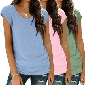 imageZeagoo Womens Tops Cap Sleeve T Shirts V Neck Basic Tees Tops Lightweight Casual Summer Fashion Trendy Outfits Clothes3 Packbluepinkgreen