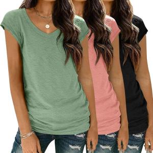 imageZeagoo Womens Tops Cap Sleeve T Shirts V Neck Basic Tees Tops Lightweight Casual Summer Fashion Trendy Outfits Clothes3 Packgreenpinkblack