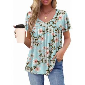 imageHOTOUCH Womens Ruffle Sleeve Tunic Tops Pleated V Neck Loose Fit Short Sleeve Shirts Summer Floral Casual Boho BlousesFlower Cluster Light Green