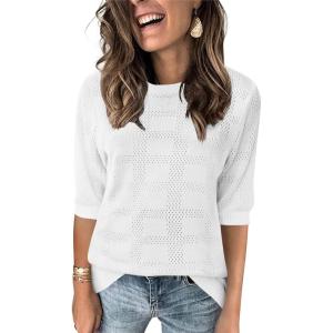 imageZeagoo Womens Loose Short Sleeve Tunic Tops Lightweight Crew Neck Crochet Knit Pullover Sweater BlousesAwhite