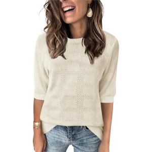 imageZeagoo Womens Loose Short Sleeve Tunic Tops Lightweight Crew Neck Crochet Knit Pullover Sweater BlousesBeige
