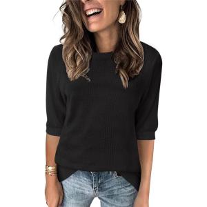 imageZeagoo Womens Loose Short Sleeve Tunic Tops Lightweight Crew Neck Crochet Knit Pullover Sweater BlousesBlack