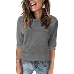 imageZeagoo Womens Loose Short Sleeve Tunic Tops Lightweight Crew Neck Crochet Knit Pullover Sweater BlousesDark Grey