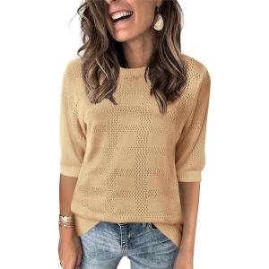 imageZeagoo Womens Loose Short Sleeve Tunic Tops Lightweight Crew Neck Crochet Knit Pullover Sweater BlousesKhaki