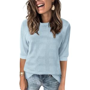 imageZeagoo Womens Loose Short Sleeve Tunic Tops Lightweight Crew Neck Crochet Knit Pullover Sweater BlousesLight Blue