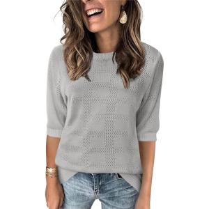 imageZeagoo Womens Loose Short Sleeve Tunic Tops Lightweight Crew Neck Crochet Knit Pullover Sweater BlousesLight Grey