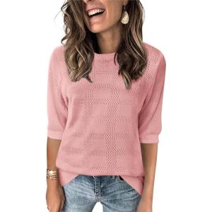 imageZeagoo Womens Loose Short Sleeve Tunic Tops Lightweight Crew Neck Crochet Knit Pullover Sweater BlousesPink