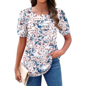 imageZeagoo Womens Short Sleeve Tops Floral Boho Shirts Pleated Crewneck Summer Outfit Puff Sleeve Blouses Casual TunicBf182