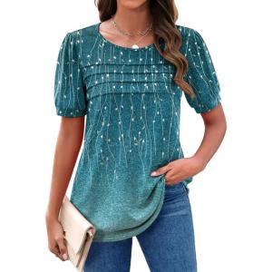 imageZeagoo Womens Short Sleeve Tops Floral Boho Shirts Pleated Crewneck Summer Outfit Puff Sleeve Blouses Casual TunicXh3636