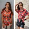 imageHOTOUCH Hawaiian Shirts for Women Summer Cool Hawaii Floral Tropic Print Blouses Beach Short Sleeve Button Up TopsOrange Hawaii