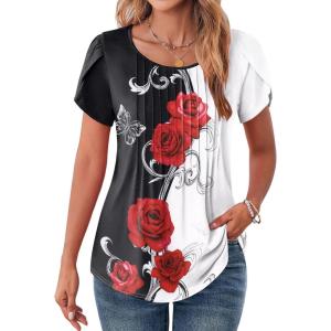 imageZeagoo Womens Tops Petal Short Sleeve Summer Casual Crew Neck Shirts Floral Solid Blouse Pleated TunicsBf101