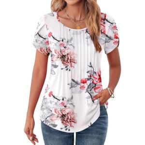 imageZeagoo Womens Tops Petal Short Sleeve Summer Casual Crew Neck Shirts Floral Solid Blouse Pleated TunicsBf102