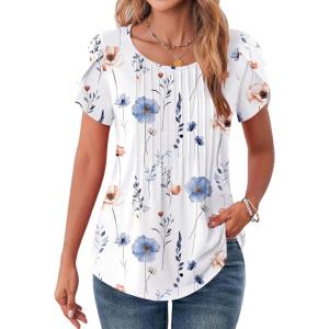 imageZeagoo Womens Tops Petal Short Sleeve Summer Casual Crew Neck Shirts Floral Solid Blouse Pleated TunicsBf112