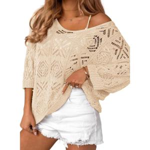 imageZeagoo Womens Summer Crochet Off The Shoulder Hollow Out Knit Tops 2025 V Neck 34 Sleeve Sweater TopApricot
