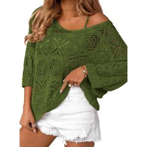 imageZeagoo Womens Summer Crochet Off The Shoulder Hollow Out Knit Tops 2025 V Neck 34 Sleeve Sweater TopArmy Green