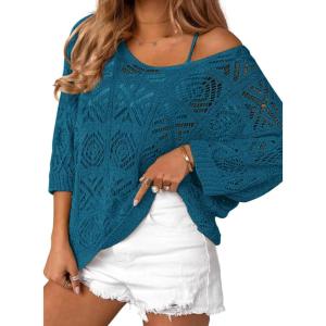 imageZeagoo Womens Summer Crochet Off The Shoulder Hollow Out Knit Tops 2025 V Neck 34 Sleeve Sweater TopCyan