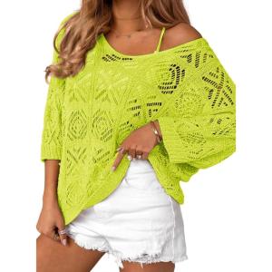 imageZeagoo Womens Summer Crochet Off The Shoulder Hollow Out Knit Tops 2025 V Neck 34 Sleeve Sweater TopGreen