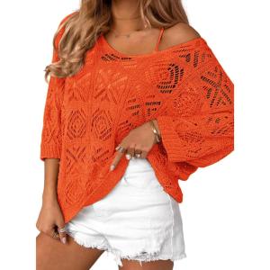 imageZeagoo Womens Summer Crochet Off The Shoulder Hollow Out Knit Tops 2025 V Neck 34 Sleeve Sweater TopOrange