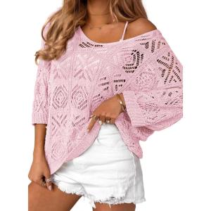 imageZeagoo Womens Summer Crochet Off The Shoulder Hollow Out Knit Tops 2025 V Neck 34 Sleeve Sweater TopPink