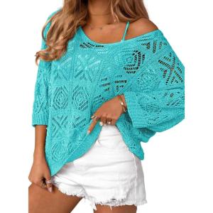 imageZeagoo Womens Summer Crochet Off The Shoulder Hollow Out Knit Tops 2025 V Neck 34 Sleeve Sweater TopTeal