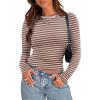 imageZeagoo Womens Long Sleeve Stretch Crewneck Ribbed TShirt Slim Fit Casual Basic Tops SXXLBrown Stripe