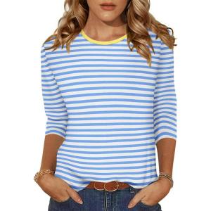 imageZeagoo Womens Casual 34 Sleeve TShirts Round Neck Cute Tunic Tops Basic Tees Blouses Business Work Tee TopBlue Stripe