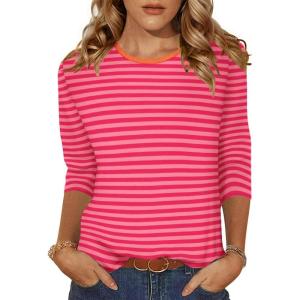 imageZeagoo Womens Casual 34 Sleeve TShirts Round Neck Cute Tunic Tops Basic Tees Blouses Business Work Tee TopPink Stripe