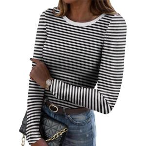 imageZeagoo Womens Long Sleeve Stretch Crewneck Ribbed TShirt Slim Fit Casual Basic Tops SXXLBlack Stripe