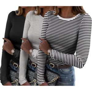 imageZeagoo Womens Long Sleeve Stretch Crewneck Ribbed TShirt Slim Fit Casual Basic Tops SXXLBlackgreyblack Stripe