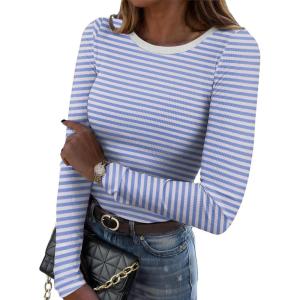 imageZeagoo Womens Long Sleeve Stretch Crewneck Ribbed TShirt Slim Fit Casual Basic Tops SXXLBlue Stripe