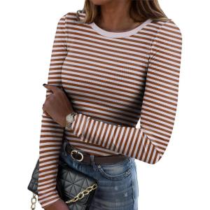 imageZeagoo Womens Long Sleeve Stretch Crewneck Ribbed TShirt Slim Fit Casual Basic Tops SXXLBrown Stripe