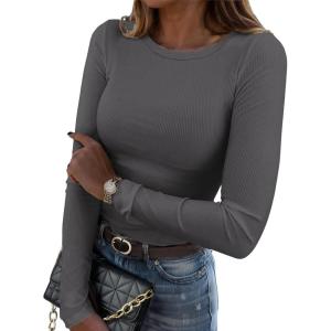 imageZeagoo Womens Long Sleeve Stretch Crewneck Ribbed TShirt Slim Fit Casual Basic Tops SXXLCharcoal Grey