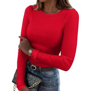 imageZeagoo Womens Long Sleeve Stretch Crewneck Ribbed TShirt Slim Fit Casual Basic Tops SXXLRed