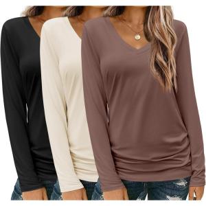 imageZeagoo Womens T Shirts Long Sleeve V Neck Basic Tee Soft Casual Loose Fit Fall Tops Outfits 2025Black  Brown  Apricot