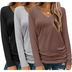 imageZeagoo Womens T Shirts Long Sleeve V Neck Basic Tee Soft Casual Loose Fit Fall Tops Outfits 2025Black  Brown  Grey