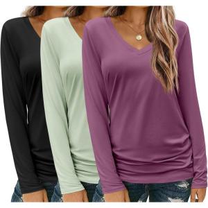 imageZeagoo Womens T Shirts Long Sleeve V Neck Basic Tee Soft Casual Loose Fit Fall Tops Outfits 2025Black  Light Green  Fuchsia