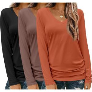imageZeagoo Womens T Shirts Long Sleeve V Neck Basic Tee Soft Casual Loose Fit Fall Tops Outfits 2025Black  Pumpkin  Brown